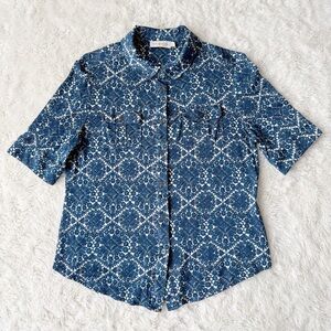 Tory Burch Woman Blue 100% Silk Button Up Collared Short Sleeve Blouse MEDIUM